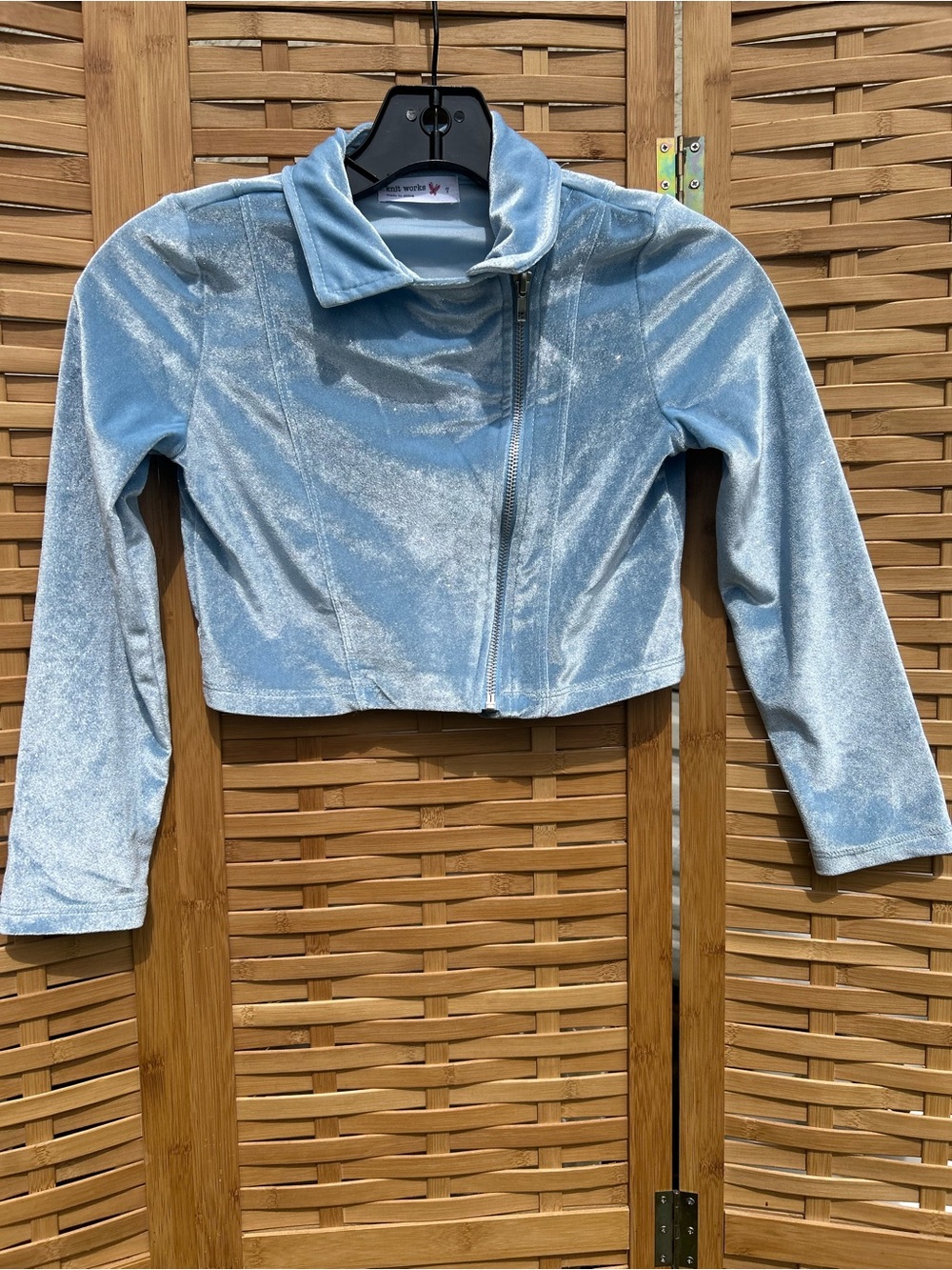 Cropped Light Blue Velvet Zip-Front Jacket